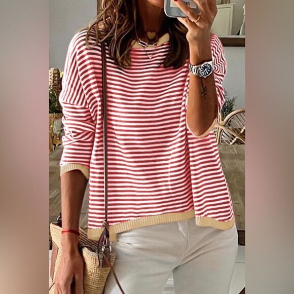 Cream, Coral Red & White Striped Round Neck Drop Shoulder T-Shirt​ - Picture 1 of 3